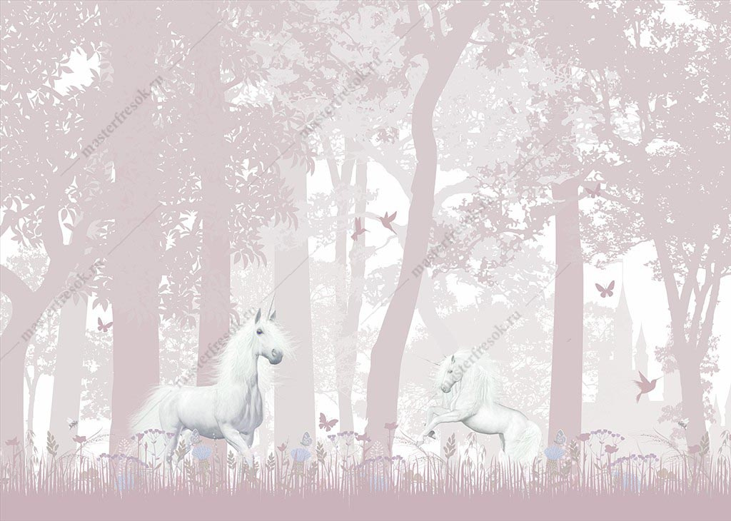 Фотообои Белые единороги в лесу для девочки