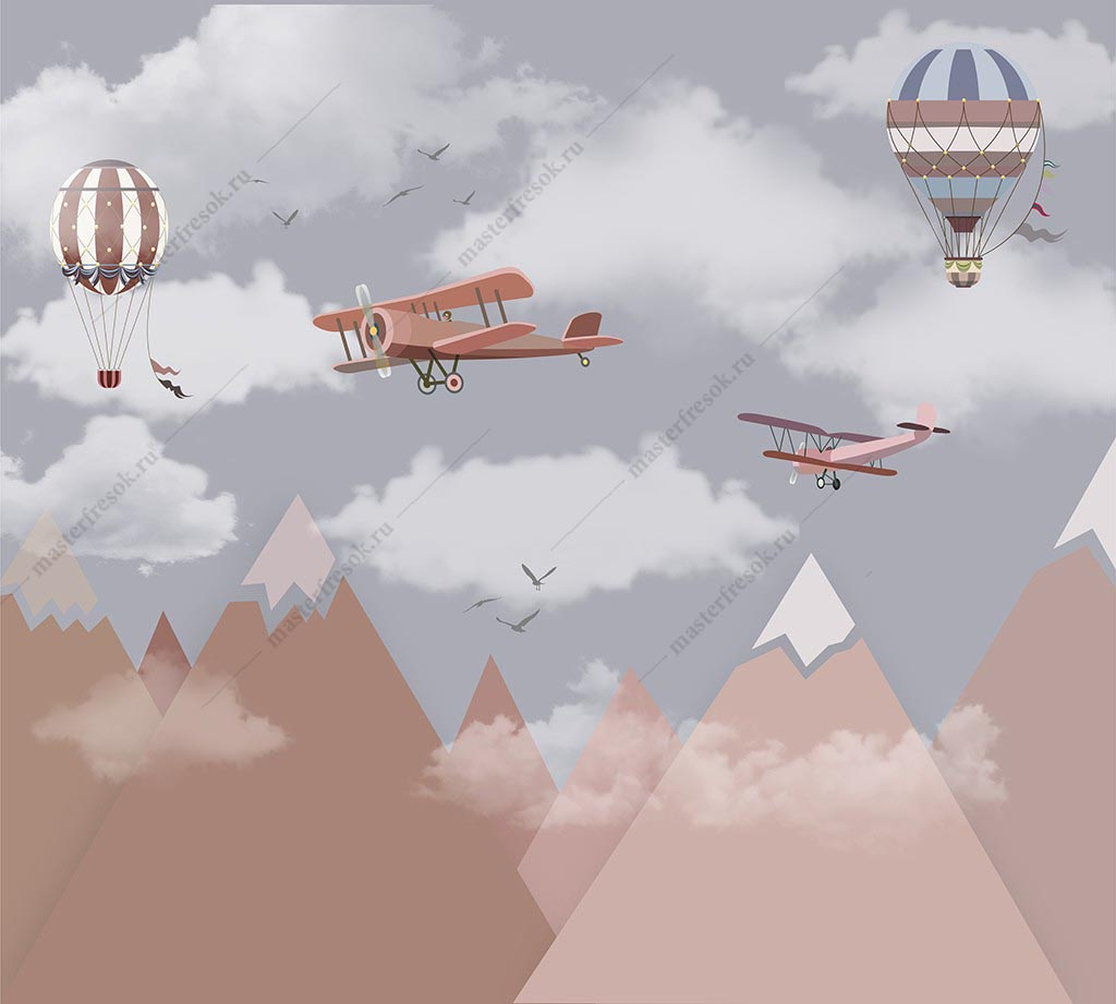 Фотообои Воздушные шары и самолёты в коричневых горах мальчику